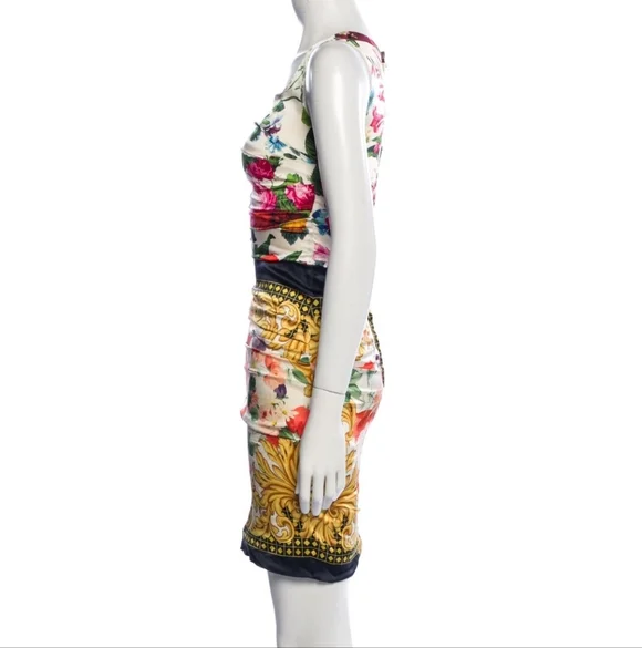 Dolce & Gabbana Silk Floral Bouquet Iconic Sleeveless Rouched Dress - Picture 4 of 15